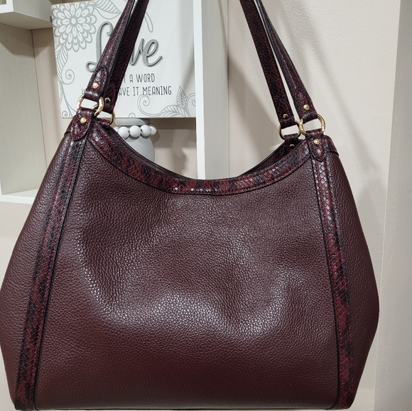 COACH Kristy Shoulder Bag Leather/ Snake-Embossed Brown Crimson Tote #C6830 - Picture 12 of 16
